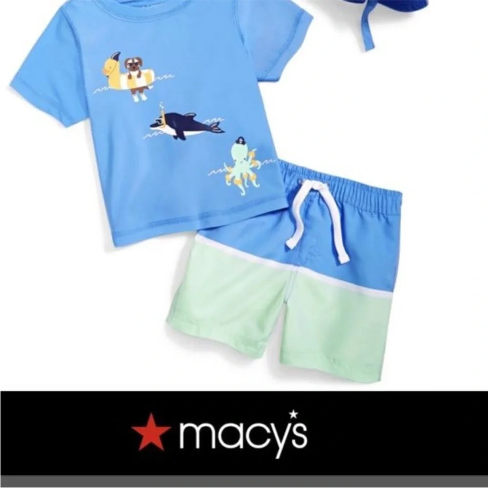 New! Kids Blue Swim Set with Hat Sun Protection UPF 50- Size 18 months